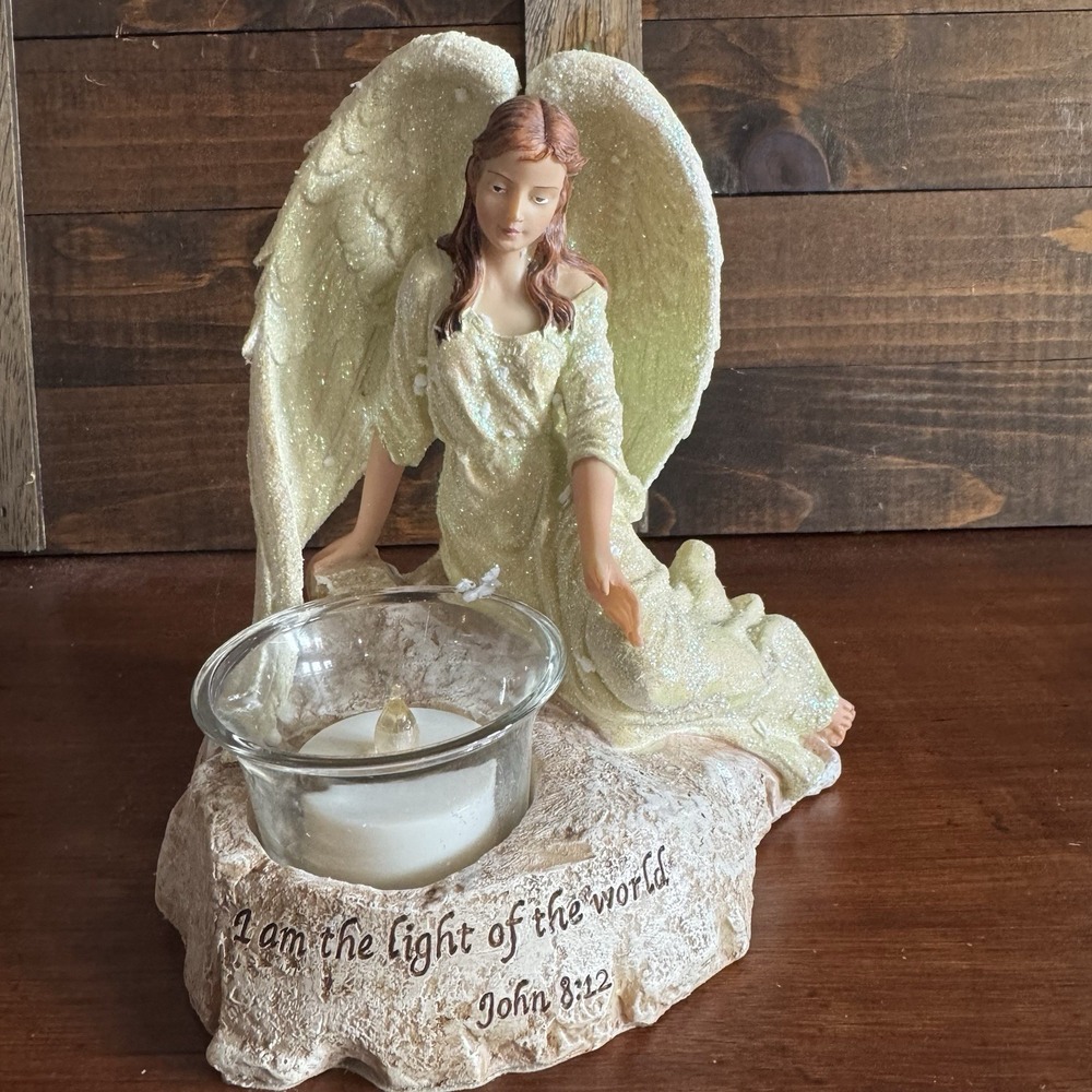 Ceramic Angel‎ Figurine Candle Holder - Bible Verse John 8:12 - Vintage